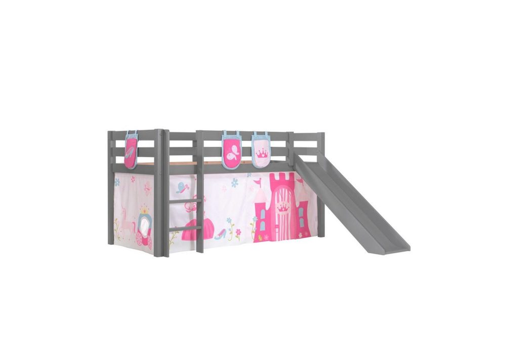 Halvhöjdssäng med gardin Pino Princess Grå, Grå, Med rutschkana, Utan tunnel, 3