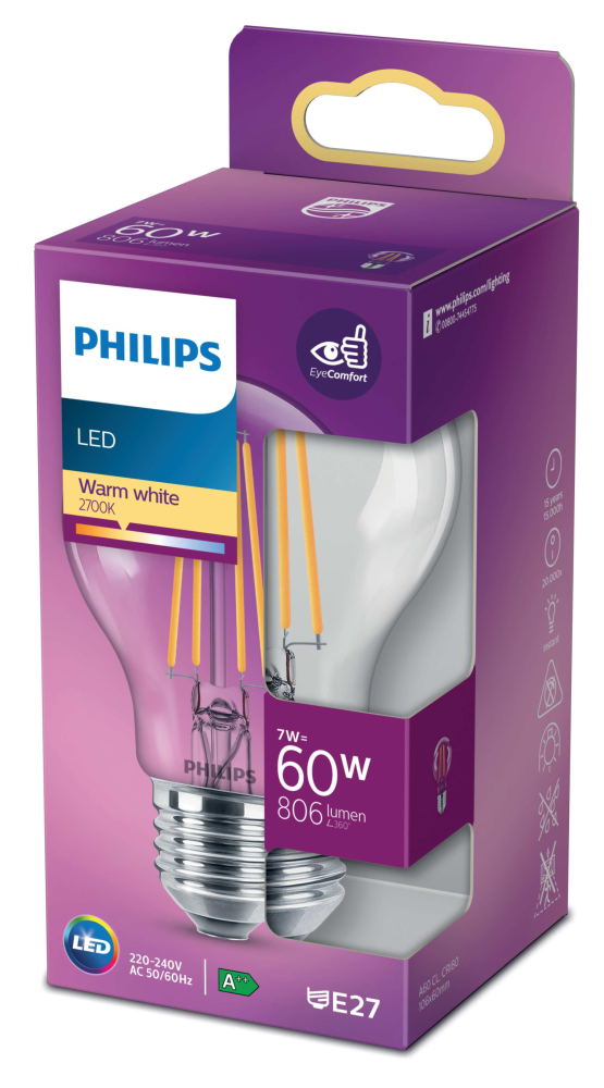 LEDLAMPA PHILIPS NORMAL KLAR DECO 7W, E27 VV