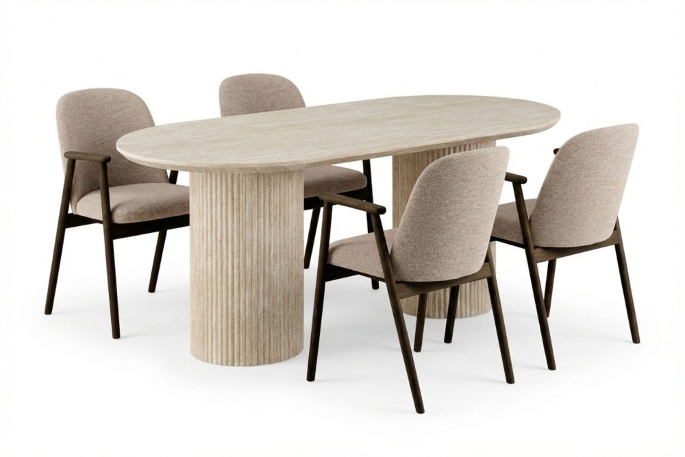 Uppveda Matgrupp 180 cm Oval Travertin med 4 Reciclar Matstolar