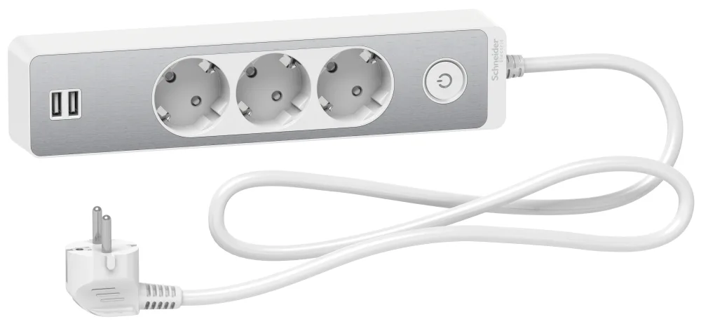 Schneider Electric Unica Extend Grenuttag jordat, 2xUSB, vit/alu, 1.5 m 3-vägs