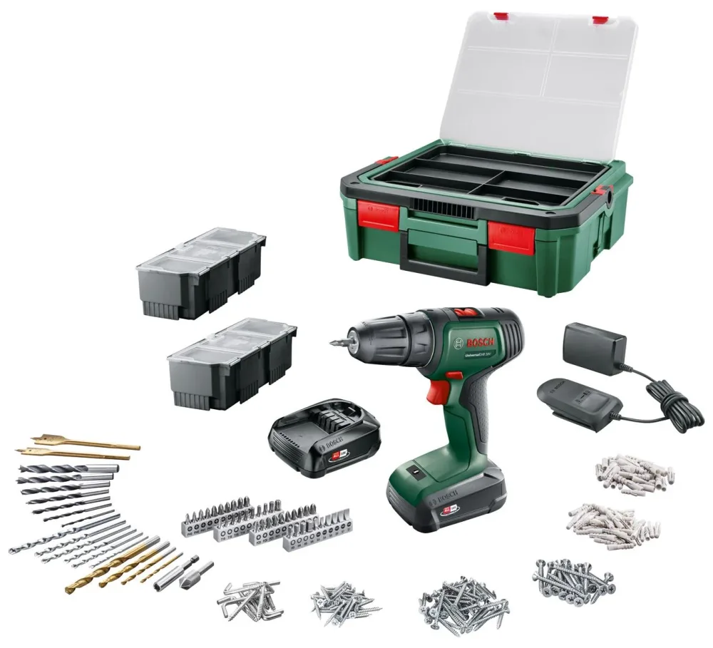 Bosch DIY Universal Drill 18 + SystemBox Skruvdragare med tillbehör, 1,5 Ah batterier och laddare