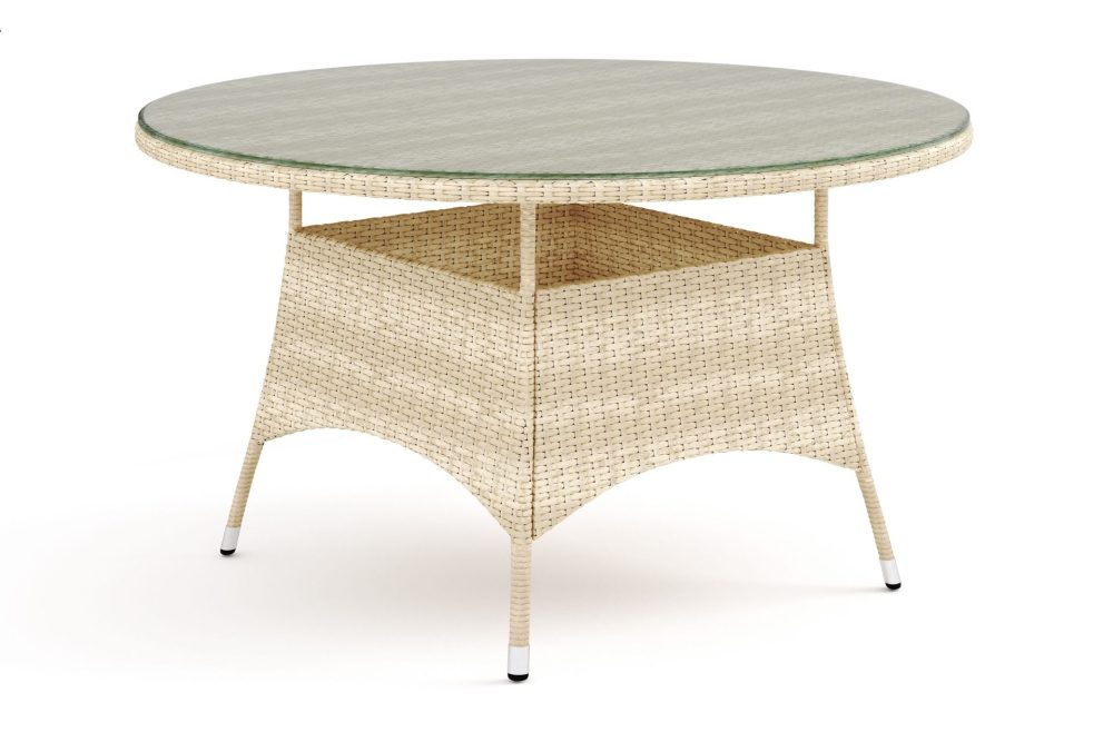 Thor Runt Matbord Utomhus 140 cm i konstrotting med glasskiva