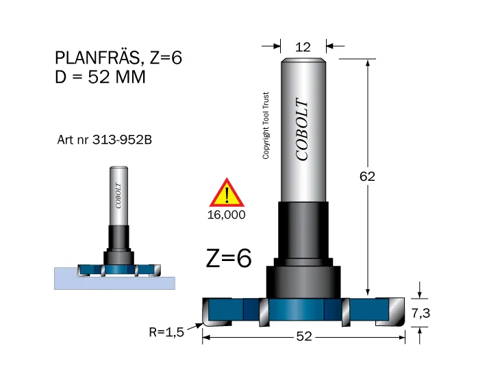 Cobolt 313-952B Planfräs D=52 Z=6 R=1,5 L=7,3