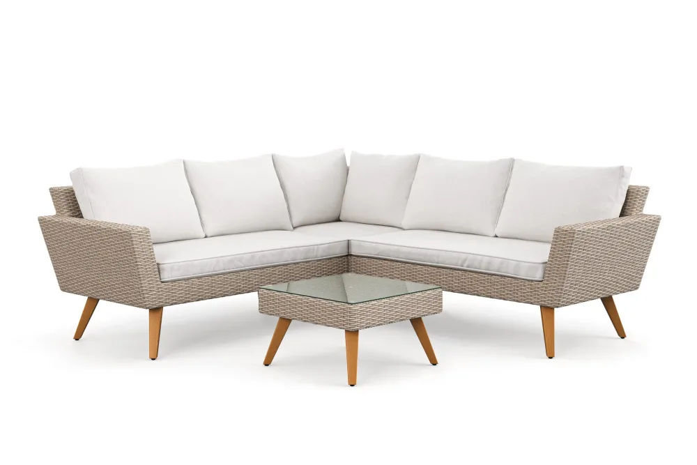 Karlskrona 5-sits Loungegrupp utomhus med vita dynor soffbord i konstrotting med glasskiva