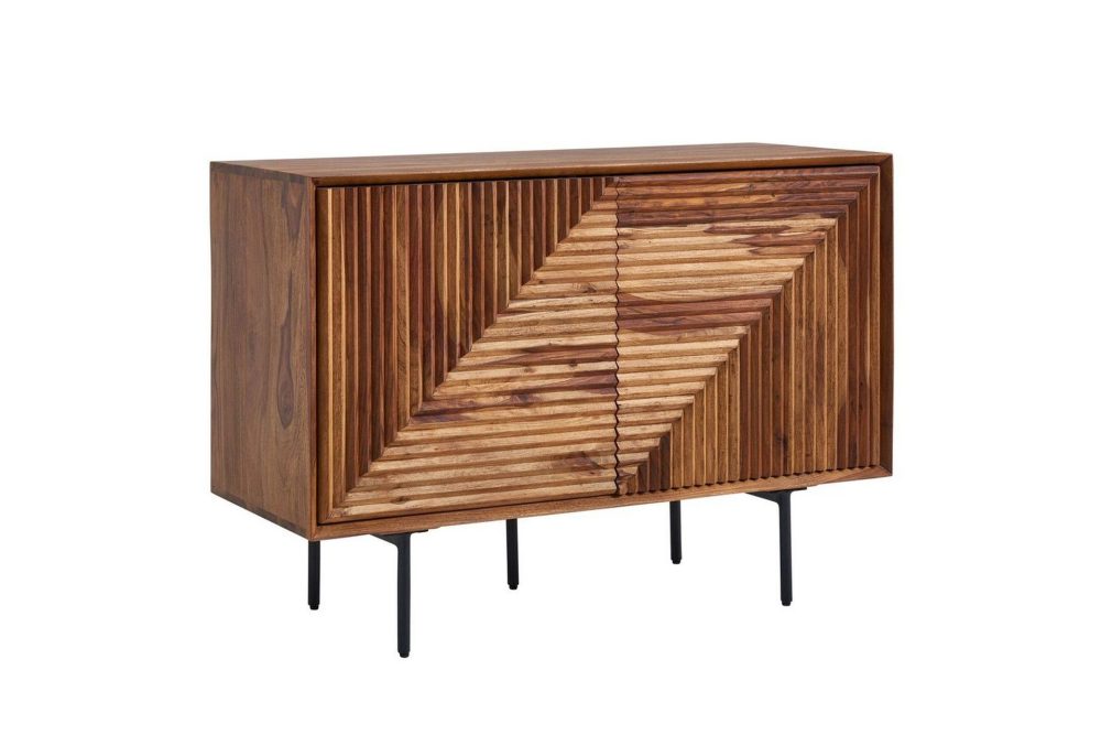 Sideboard Wohnling massivt trä, 3D geometrisk front, tryck-öppna, industriell loftstil 100 cm