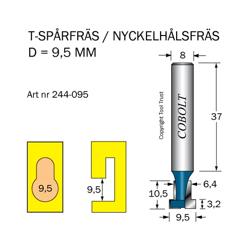 Cobolt 244-095 T-spårsfräs D=9,5/6,4 L=10,5 TL=52 S=8