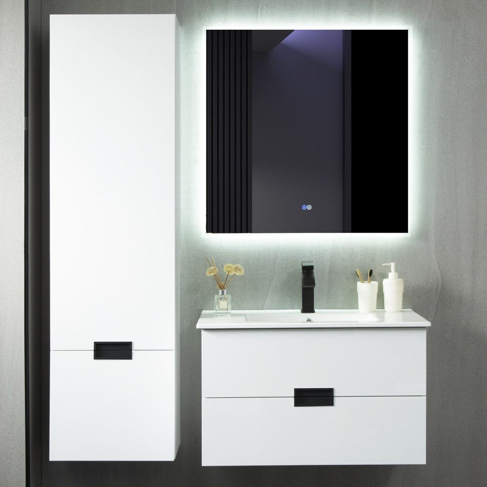 Badrumspaket | Kommod 80cm | Sidoskåp & LED-spegel
