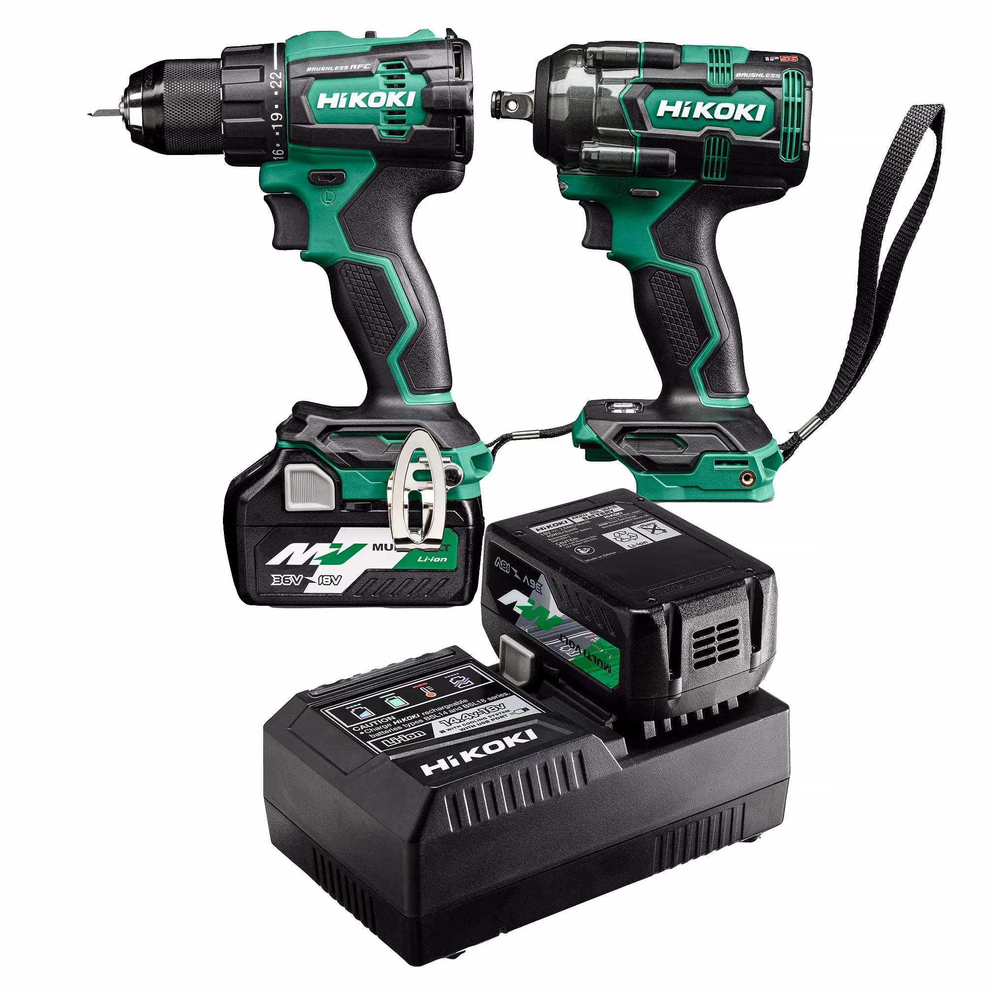 Kjøp HiKOKI Kombinasjonssett 18V med bore/skrutrekker DS18DE & muttertrekker WR18DH, inkl. batteri & lader