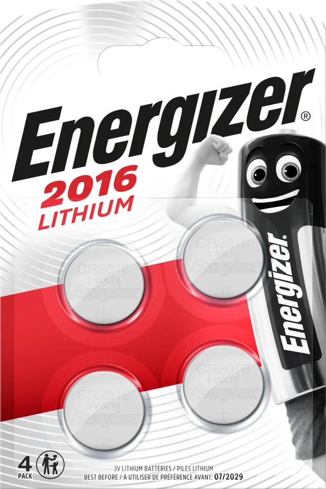 Energizer Lithium Knappcellsbatteri CR2016 BP4, 3 V, 4-pack