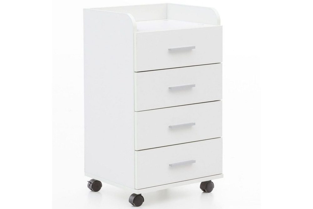 Rullkontejner Wohnling 4 lådor med hjul, förvaringsbricka, foliebelagd spånskiva, modern stil Vit