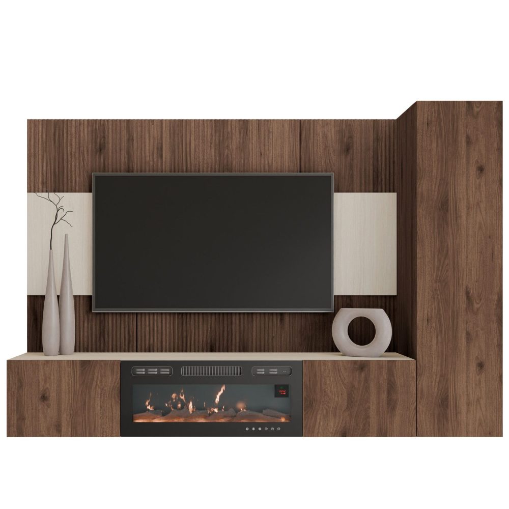Bernice Tv-väggskåp 220 cm Elkamin med Värmefunktion och LED-belysning